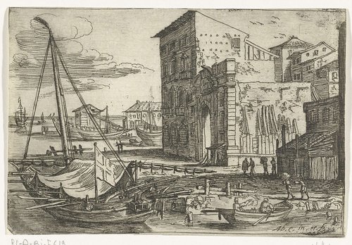 Roeiboot voor anker aan de kade van de haven van Messina
