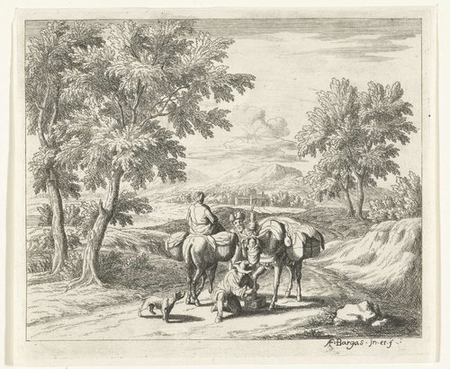 Landschap met muilezeldrijver die poot van ezel verzorgt