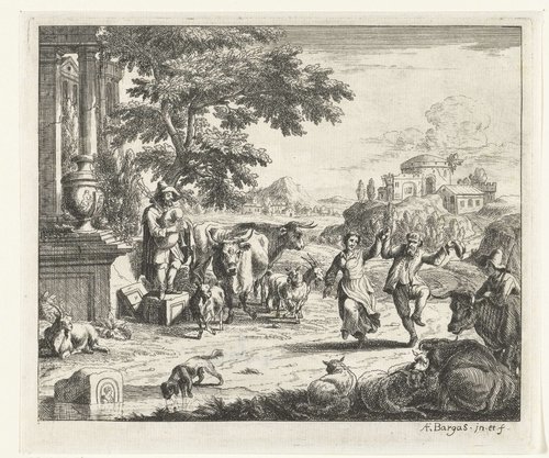 Landschap met dansende man en vrouw en doedelzakspeler bij ruïnes