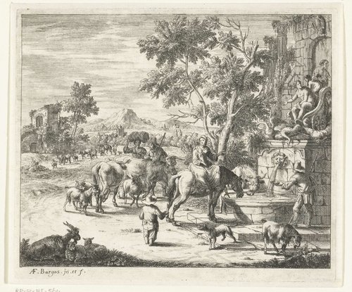 Landschap met vrouw op paard dat drinkt bij fontein