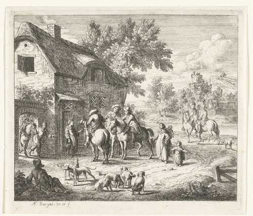 Landschap met drie jagers te paard en honden voor herberg