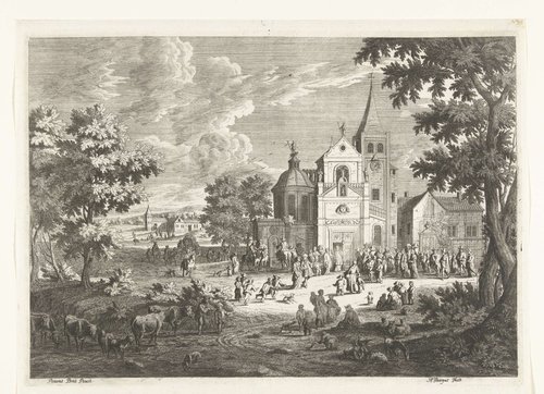 Dorpsgezicht met kerk waar geestelijke wacht op bruidspaar