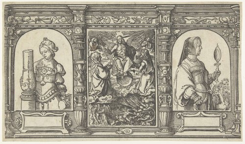 Het Laatste Oordeel en personificaties van Kracht (Fortitudo) en IJdelheid (Vanitas)