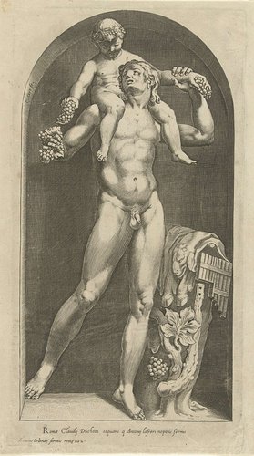 Beeld van een faun met Bacchus op zijn schouders