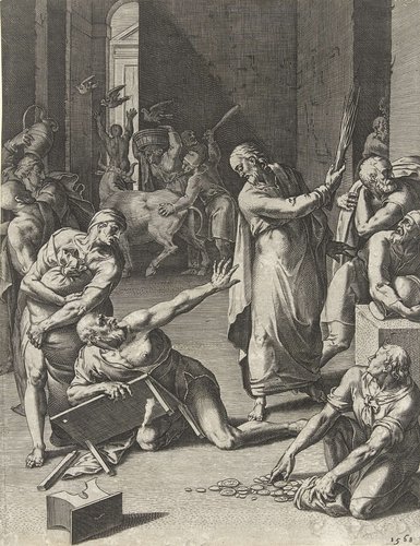 Christus verdrijft de geldwisselaars uit de tempel by Cornelis Cort
