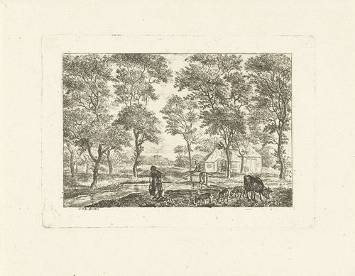 Landschap met vee en melkmeid met juk bij sloot met visser