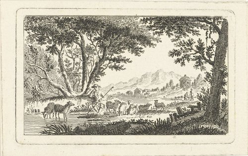 Landschap met herder en kudde schapen by Abraham Delfos