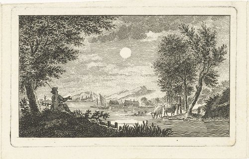 Riviergezicht met herder in maanlicht by Abraham Delfos