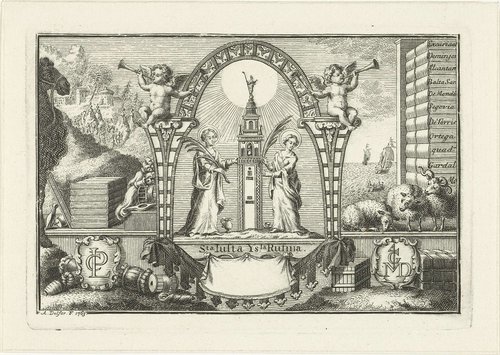 Allegorie met Justa en Rufina en voorwerpen uit de wolhandel by Abraham Delfos