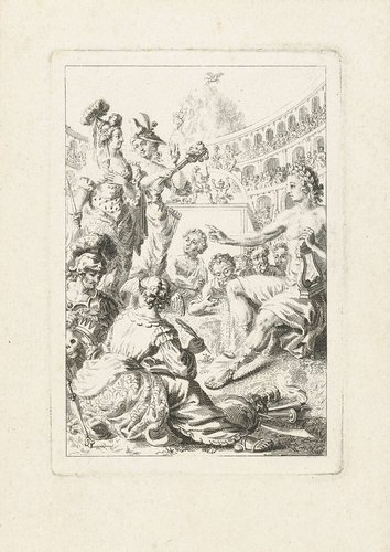 Allegorie met Apollo, muzen en kunstenaars in amfitheater
