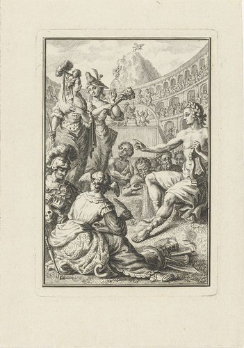 Allegorie met Apollo, muzen en kunstenaars in amfitheater