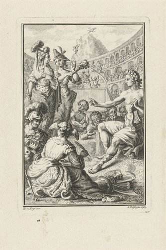 Allegorie met Apollo, muzen en kunstenaars in amfitheater