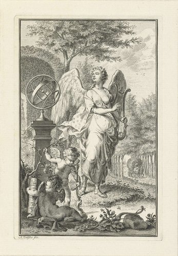 Allegorie met muze met lier, mogelijk Terpsichore, en putto met bijbel by Abraham Delfos