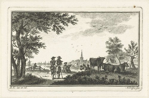 Rivierlandschap met wandelaars en tekenaar bij dorp