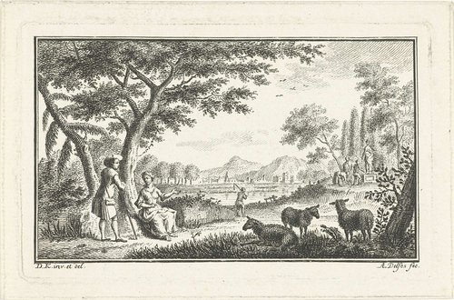 Landschap met herder en herderin by Abraham Delfos