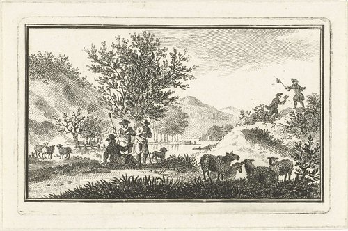 Duinlandschap met rustende herders en mannen die vlinders vangen by Abraham Delfos