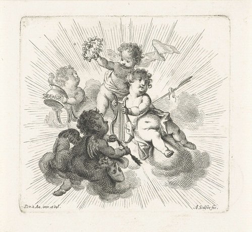 Titelvignet met vier putti met lier, bloemenkrans, helm en maskers