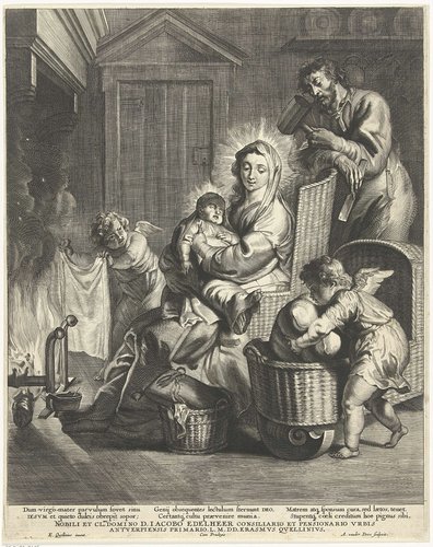 Heilige familie in interieur met twee engelen