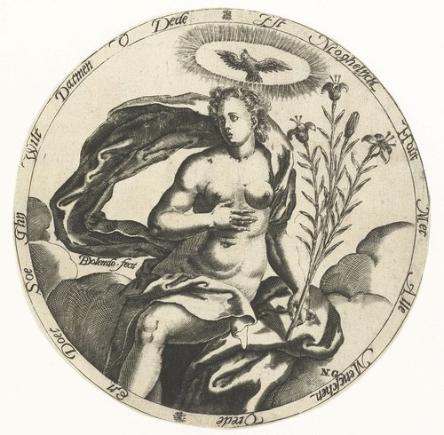 Personificatie van de vrede met lelietak en duif