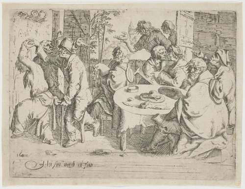 Drie bedelaars en een vrouw aan tafel in een herberg
