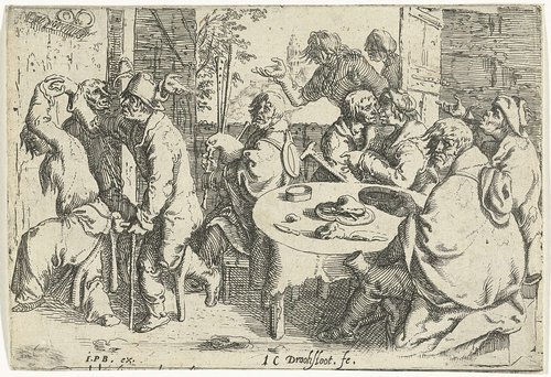 Drie bedelaars en een vrouw aan tafel in een herberg