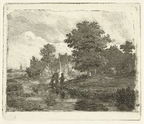 Landschap met een rivier en drie vissende mannen aan de waterkant