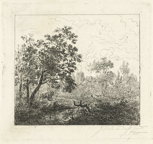 Landschap met een rivier en een boomstronk