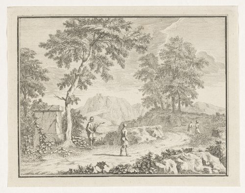 Arcadisch landschap met man die de weg wijst