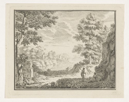 Arcadisch landschap met twee in de schaduw rustende reizigers