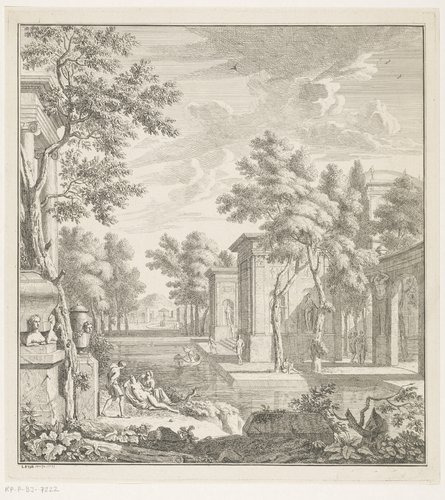 Arcadisch landschap met mannen en vrouwen bij een tempel