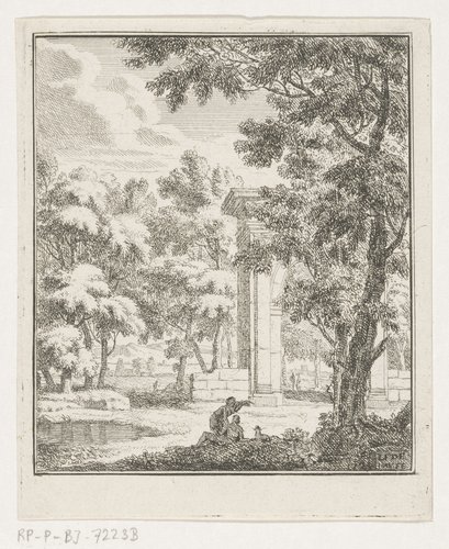 Arcadisch landschap met herders bij een stenen boog