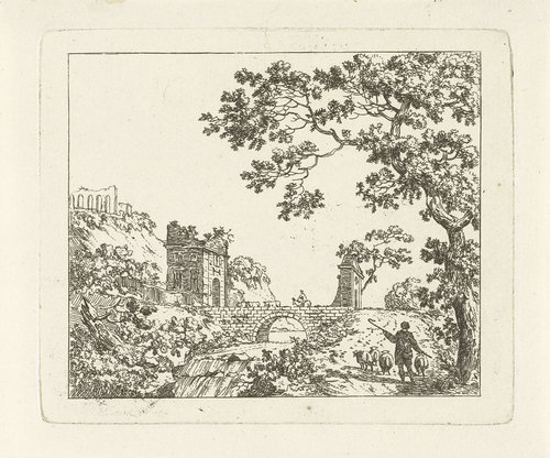 Gezicht op een brug over een rivier met een waterval