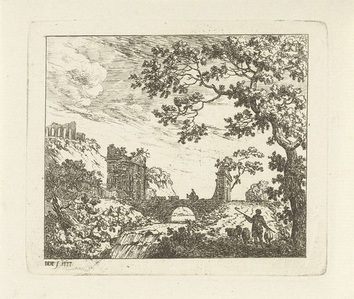 Gezicht op een brug over een rivier met een waterval