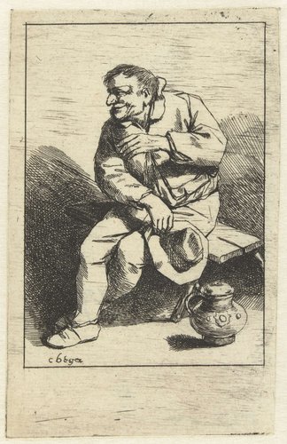 Zittende man met hoed in hand, kruik op de grond