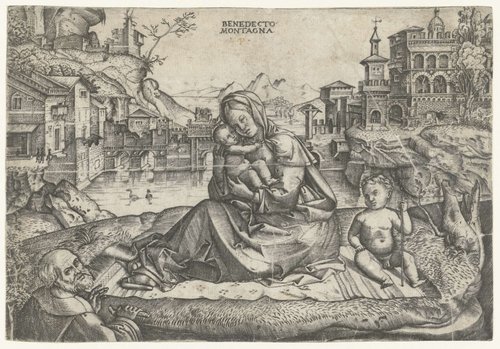 De Heilige Familie met Johannes de Doper in landschap
