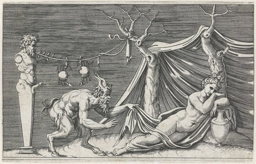 Satyr besluipt een slapende nimf by Marcantonio Raimondi