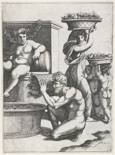 Bacchus kijkt toe hoe een man en vrouw en twee kinderen manden met druiven dragen voor de bereiding van wijn by anonymous