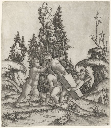 Amor en twee putti of kinderen dragen beeld van putti met gevleugeld anker op sokkel by Marcantonio Raimondi