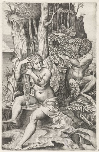 Sater begluurt een nimf tijdens haar toilet by Marcantonio Raimondi