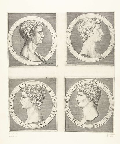 Portretten van keizers Julius Caesar en Augustus en Tiberius en Claudius by Marcantonio Raimondi