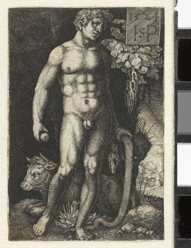 Adam met slang en appel en liggende stier by Hans Sebald Beham