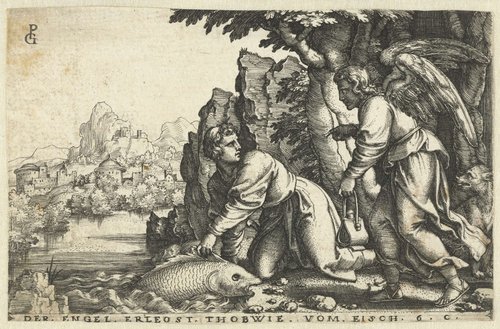 Tobias vangt op aanraden van de engel een grote vis by Georg Pencz