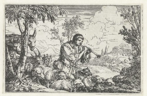 Schalmeispelende herder met kudde