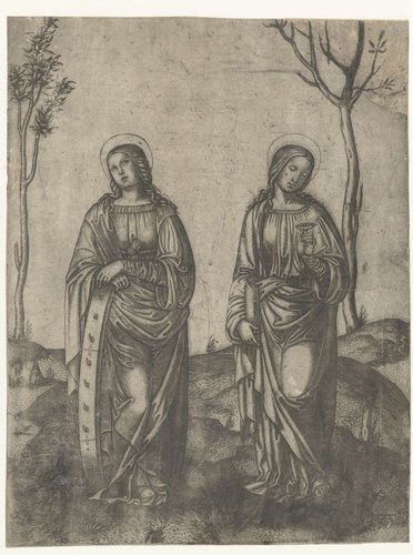 Heiligen Catharina met gebroken wiel en Lucia met ogen op schaaltje