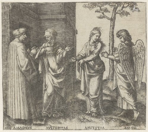 Amadeus Berutti met Strengheid (Austeritas) en Vriendschap (Amicitia) en Liefde (Amor) by Marcantonio Raimondi