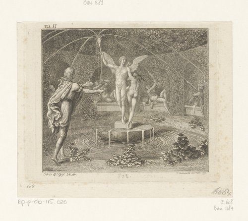 Idris reikt zijn armen uit naar een naakte vrouw naast de fontein van amor by Daniel Nikolaus Chodowiecki