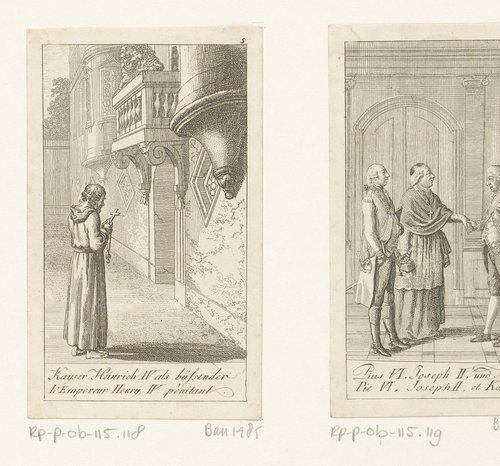 Hendrik IV in boetekleed onder het balkon van paus Gregorius VII by Daniel Nikolaus Chodowiecki