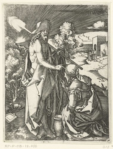 Christus verschijnt als tuinman met schop voor Maria Magdalena by Marcantonio Raimondi