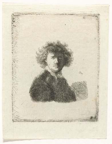 Zelfportret met krullend haar en witte kraag