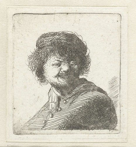 Zelfportret, lachend, met muts